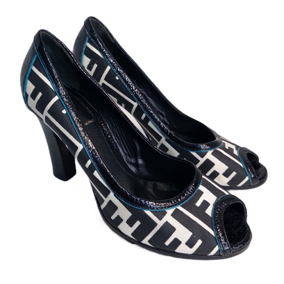 Fendi Shoes - Fendi Size 40 (US 9.5) Heel Spuntata Zucca Black White Peep Toe Leather Pump